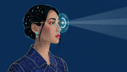 Woman with futuristic augmented reality interface and starry constellation makeup