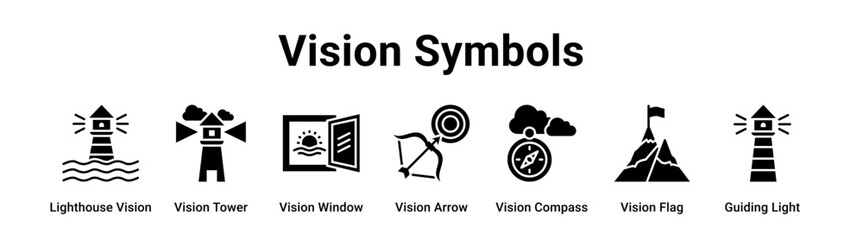 Vision Symbols web banner icon vector illustration concept for business with icon of Lighthouse Vision, Vision Tower, Vision Window, Vision Arrow, Vision Compass, Vision Flag.