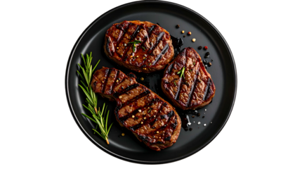 Grilled, seasoned steaks with grill marks on black plate, garnished with herbs and pepper