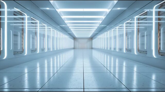 Futuristic interior server room hall in soft blue lights