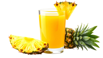 Glass of bright yellow liquid beside pineapple and two slices against black background
