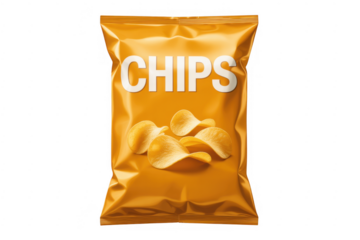 Yellow chip bag with white text and potato chips isolated on a transparent background