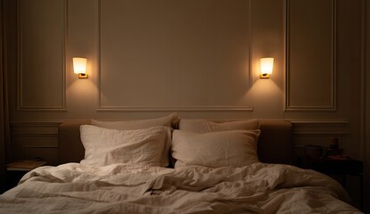 Bedroom, lit by warm sconces, with a rumpled white bed in front of a detailed wall