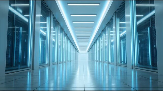 Futuristic server room hallway in soft blue