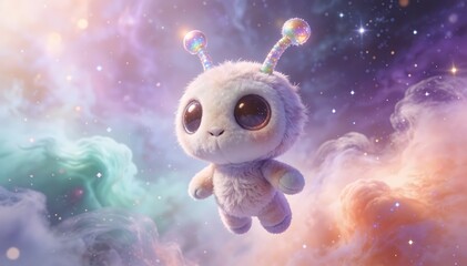 A Cute Fluffy Alien Creature Floating in a Dreamy Cosmic Landscape