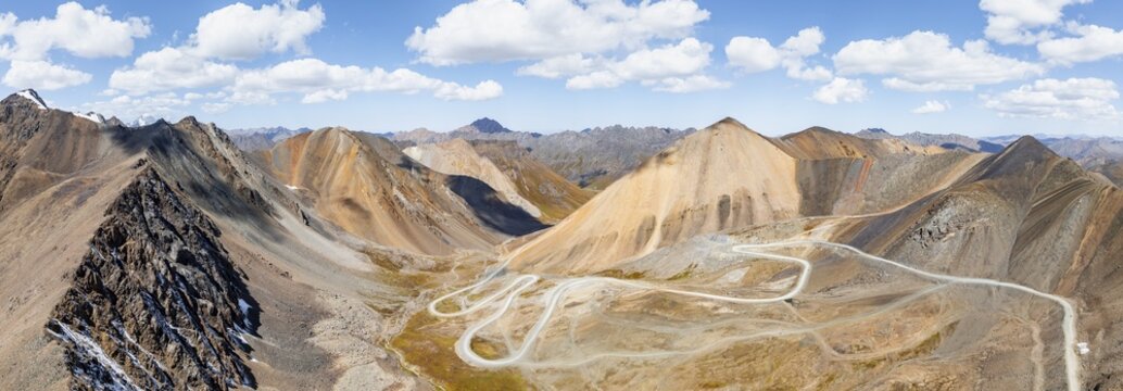Aerial view, road with serpentines, mountain pass in the Tien Shan, Chong Ashuu Pass, Kyrgyzstan, Issyk Kul, Kyrgyzstan