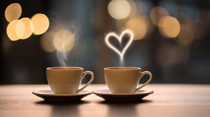 love and coffee. heart silhouettes from steaming hot coffee cups, blurred background, warm