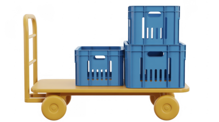 Yellow dolly with blue crates hand truck isolated on a transparent background