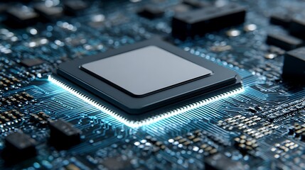 Macro shot of a central processing unit on a circuit board, glowing with digital energy