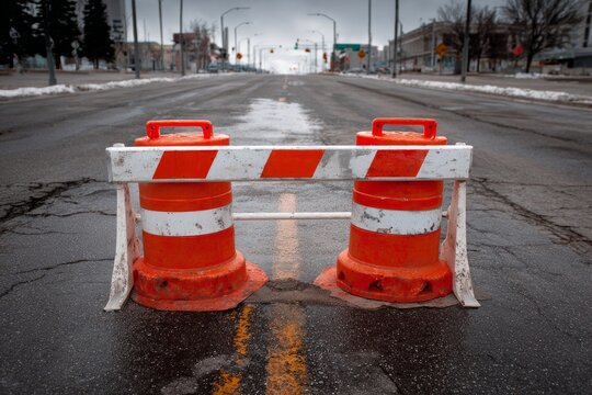 Orange traffic barrels forming a barrier across a city street during winter conditions