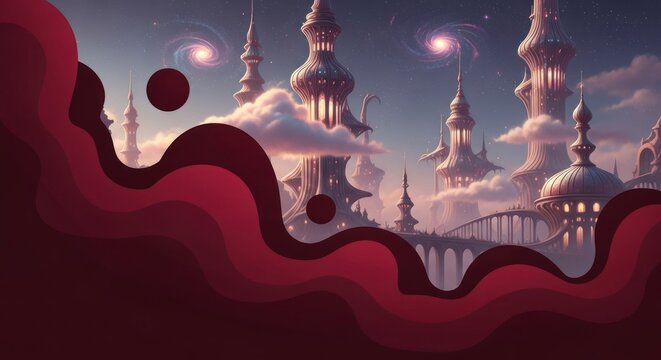 A surreal, fantastical cityscape with towering spires, clouds, and swirling, ethereal orbs in the sky.