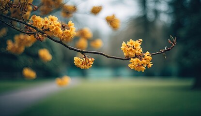Close-up of yellow flowering branch with bokeh background of park and path