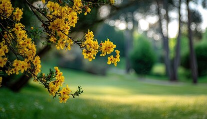 Branch of yellow flowers in focus, soft green background, sunny day