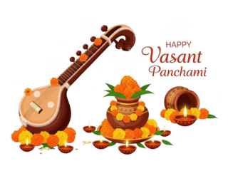Vasant panchami festival elements with sitar, marigold flowers, and glowing diyas isolated on transparent background