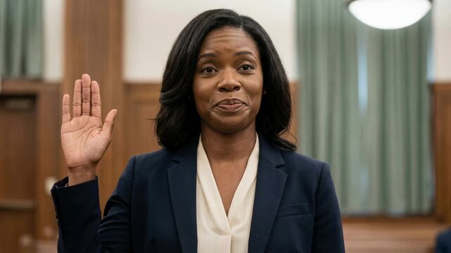 Confident black female lawyer taking oath in courtroom, raising right hand and smiling during formal legal swearing in ceremony