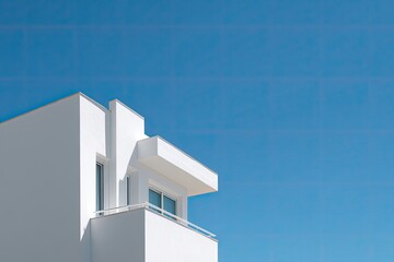 Modern white building with balcony against a stark, brilliant blue sky