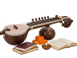 Traditional indian veena with books, diya, and marigold flowers isolated on transparent background.