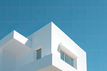 Modern architectural structure with white angular design against a serene blue sky background