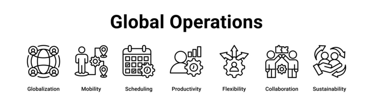 Global Operations web banner icon vector illustration concept for business with icon of Globalization, Mobility, Scheduling, Productivity, Flexibility.