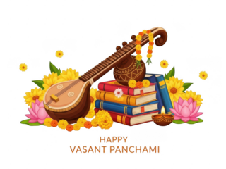 Vasant panchami festival elements with veena, books, and flowers isolated on transparent background