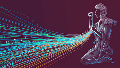 Woman interacting with dynamic data streams and glowing connections