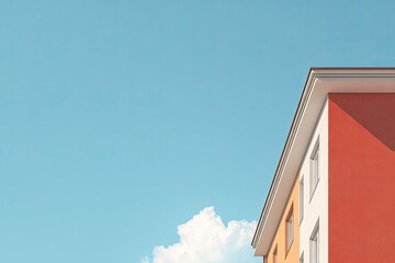 Modern building corner with windows against a clear blue sky and fluffy white cloud