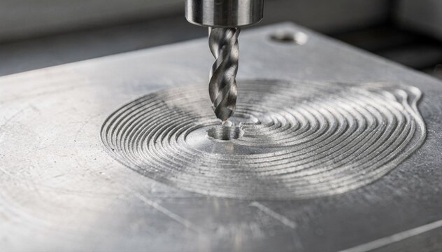 Closeup medium shot of a precise toolpath spiral entry demonstrating a tight pitch interpolation seamlessly guiding into a small predrilled hole.
