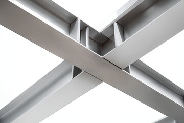 Close-up of intersecting steel beams, abstract geometric design on a white background