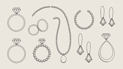 Collection of elegant diamond jewelry icons including rings necklaces and earrings presented in a minimalist line art style for luxury branding and design