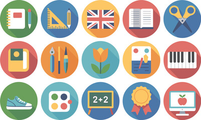 Colorful school education flat icon set collection for learning studying and academic success vector illustration of educational tools supplies and teaching aids for back to school designs and creativ