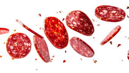 Sliced red cured meat, some tilted, with small red specks, against a stark black background