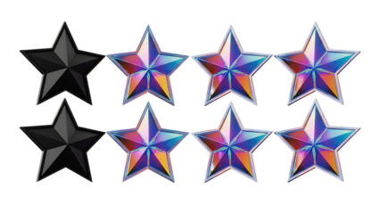 A glowing iridescent star rating system icon with six colorful stars and two unlit black stars isolated on transparent background