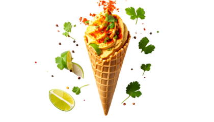 Whimsical culinary creation of a savory swirl in a cone with cilantro, lime, and spice