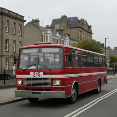 Red retro bus number 215 driving on city street past classic stone buildings. Vintage public transport moving along asphalt road in urban area. Old school vehicle and city life concept