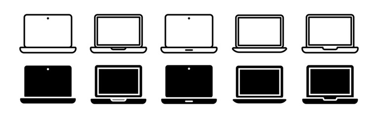 Vector isolated Open Laptop icon set in black outline and fill