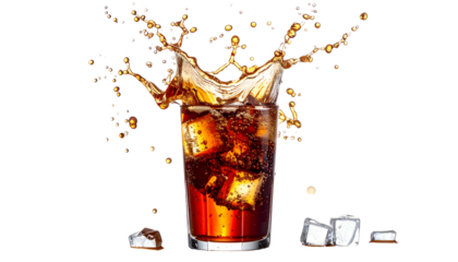 A dark, bubbly drink with ice cubes erupts upwards in a dramatic splash against black