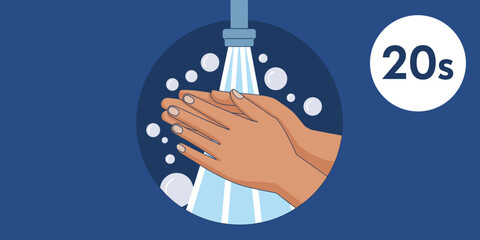 Washing hands with soap and water for 20 seconds to prevent germs and viruses spread personal hygiene healthcare illustration for disease prevention educational materials health awareness campaign cle