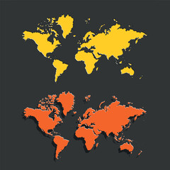A world map cut from yellow and orange paper. A set of political maps of the world on a gray background.