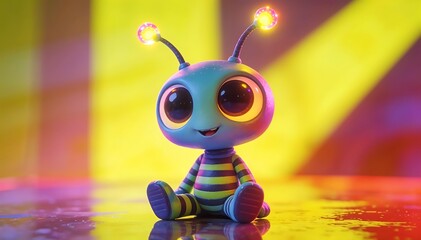 Adorable cartoon bug character illuminated by vibrant stage lighting