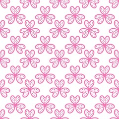Pink floral seamless pattern with hand-drawn clover motifs and dotted textures on white background. Minimalist feminine botanical wallpaper for textile, wrapping paper, and digital scrapbooking.