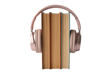 modern pink headphone with books on transparent background