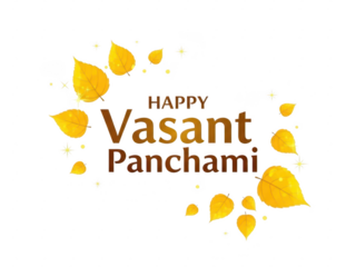 Happy vasant panchami greeting with golden leaves and sparkles, isolated on transparent background