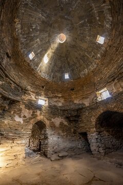 Interior view, interior of the historic caravanserai Tash Rabat from the 15th century, Naryn region, Kyrgyzstan