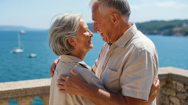 senior couple sharing a loving kiss by the seaside, embracing affectionately on a sunny day with calm blue water in the background