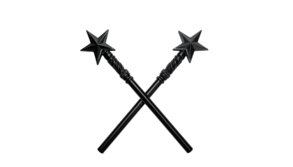 Two dark, crossed staffs topped with five-pointed stars against a black backdrop