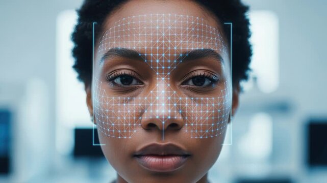 Woman undergoing facial recognition scan with digital biometric grid overlay analyzing features in a modern technology laboratory