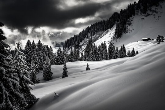 Lonely mountain hut in a snowy winter landscape, Balderschwang, Oberallg&auml;u, Bavaria, Germany