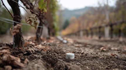 Immersive view of the vineyard floor focusing on weatherproofed sensors buried in soil capturing moisture levels while vines stretch out in the background showcasing precision farming.