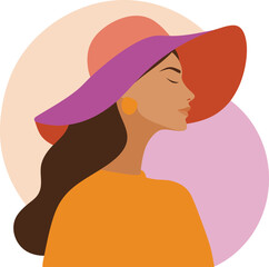 Stylish woman wearing hat modern flat vector illustration