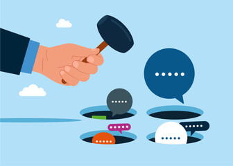Hand holding hammer hitting the speech bubbles in a mole hole. Playing hamster game. Discussion, conversation, meeting, team communication. Flat vector illustration